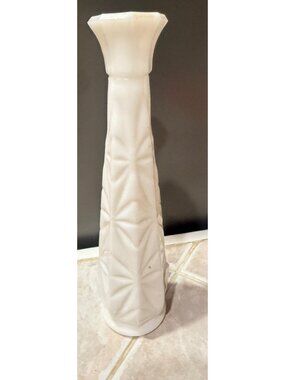 Vintage White Milk Glass Bud Vase With Geometric Starburst Pattern 9-Inch Tall